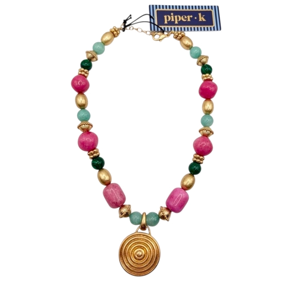 💕▪️ Piper K▪️Pink Marble & Dyed Quartz Malachite Beaded 16in CZ Necklace
